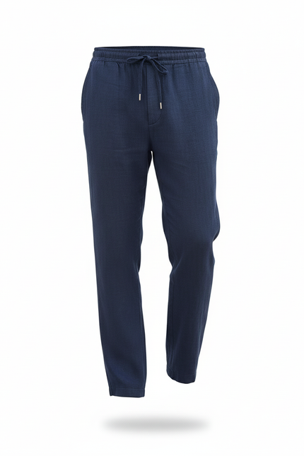 Pantalon En Lin Bleu Marine Ample Cordon Décontracté - vue 3