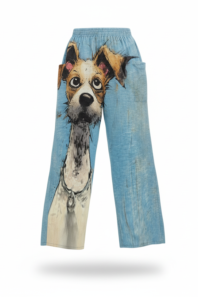 Pantalon En Lin Ample Imprimé Chien Taille Élastique - Bleu - vue 3