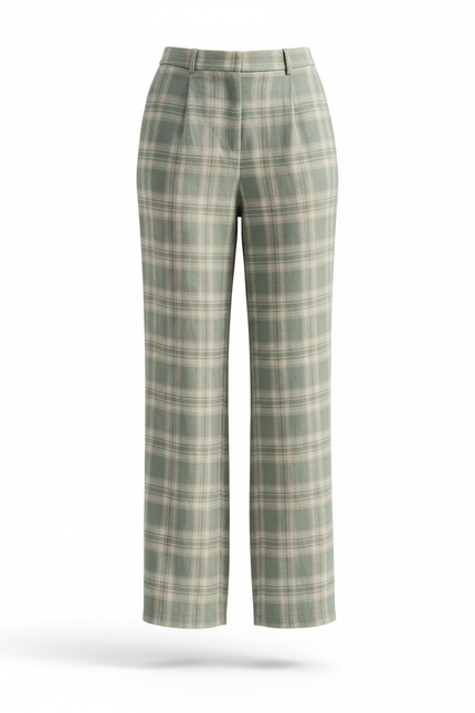 Pantalon En Lin Carreaux Vert Ample Décontracté Fluide - vue 3