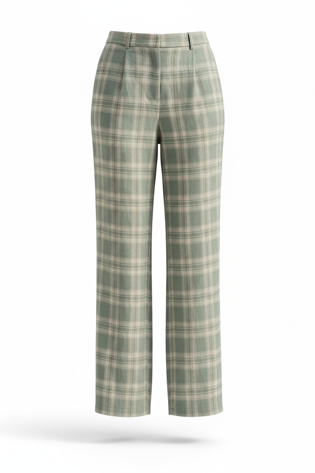 Pantalon En Lin Carreaux Vert Ample Décontracté Fluide - vue 3