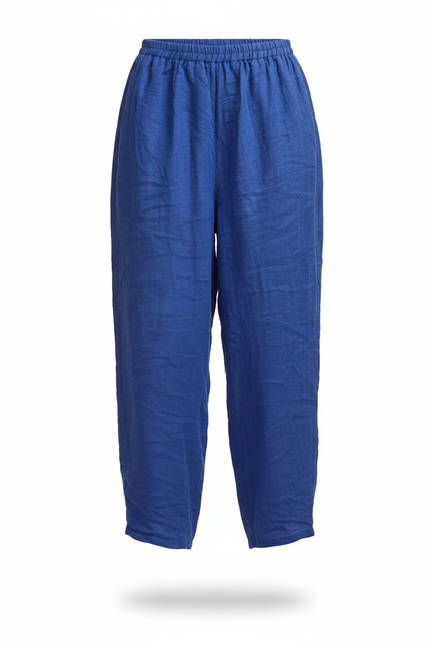 Pantalon En Lin Ample Bleu Taille Élastique Femme - vue 3