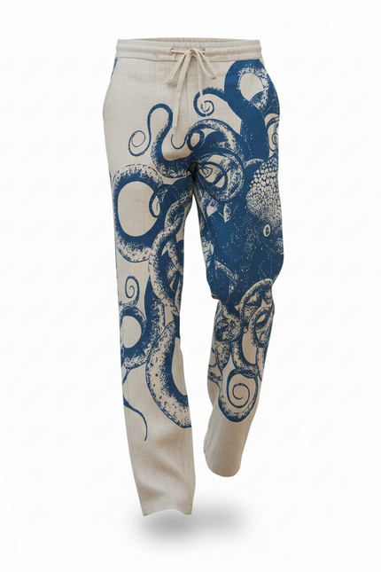 Pantalon En Lin Blanc Et Bleu - Imprimé - vue 3