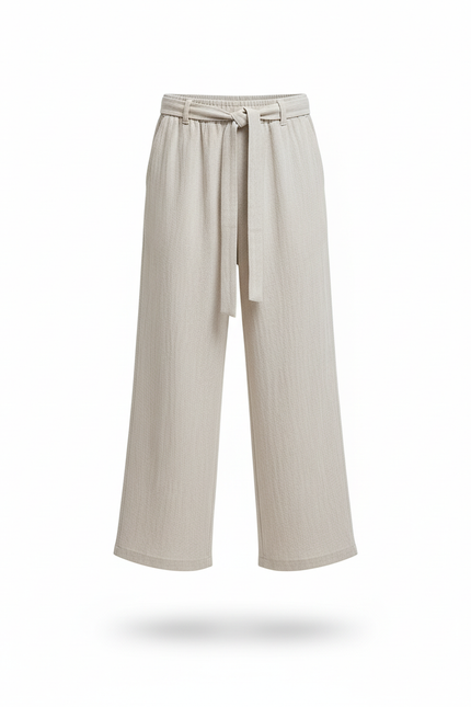 Pantalon En Lin Écru Ample Ceinturé Décontracté Enfant - Beige - vue 3