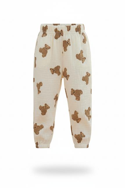 Pantalon En Lin Crème Imprimé Oursons Ample Enfant - Beige - vue 3