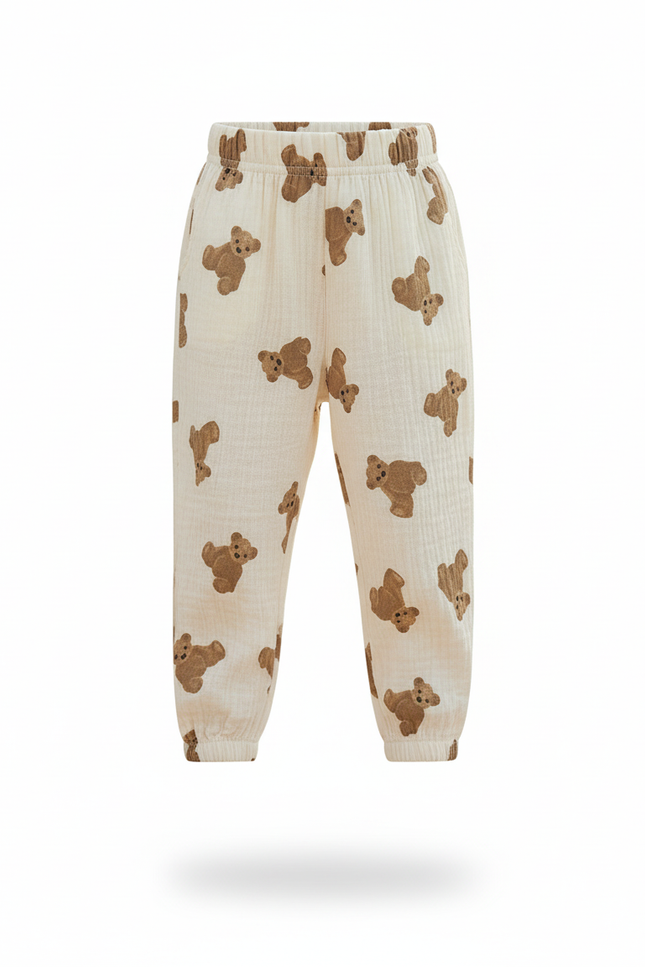 Pantalon En Lin Crème Imprimé Oursons Ample Enfant - Beige - vue 3
