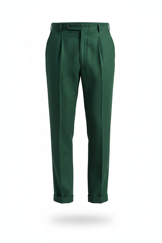 Pantalon En Lin Vert Foncé Plissé Élégant Homme Décontracté - Laine - vue 3