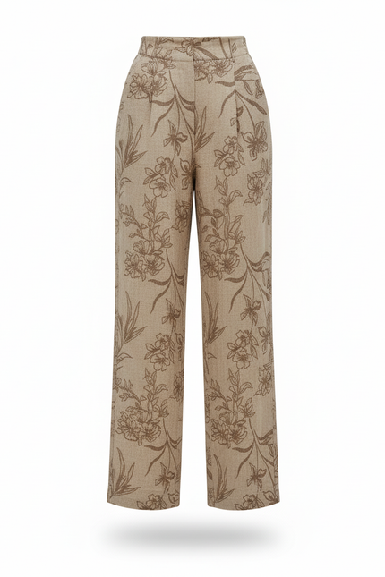 Pantalon En Lin Beige Imprimé Floral Taille Haute Ample - vue 3
