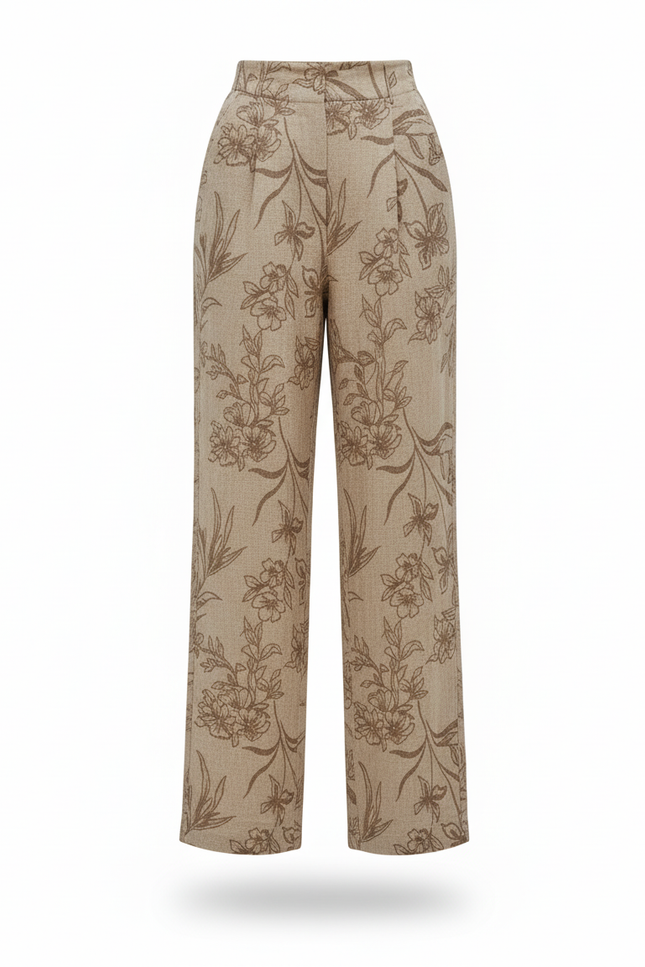 Pantalon En Lin Beige Imprimé Floral Taille Haute Ample - vue 3