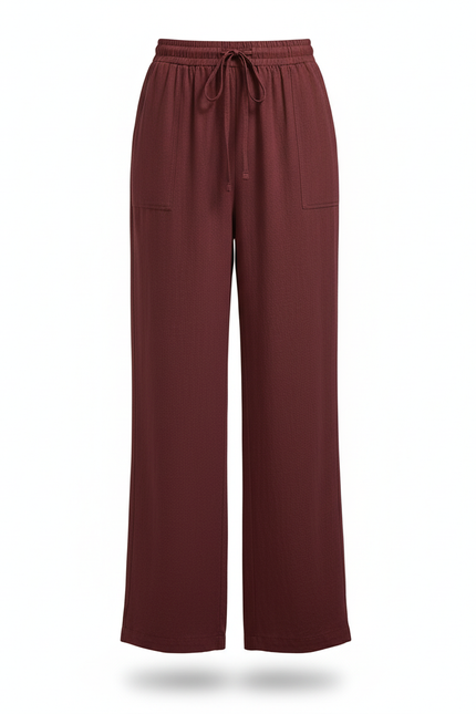 Pantalon En Lin Bordeaux Ample Cordon Décontracté Femme - vue 3