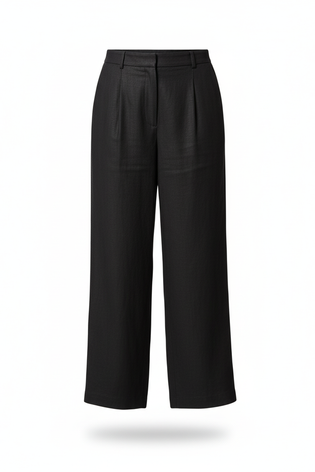 Pantalon En Lin Noir Ample Plissé Fluide Élégant - vue 3