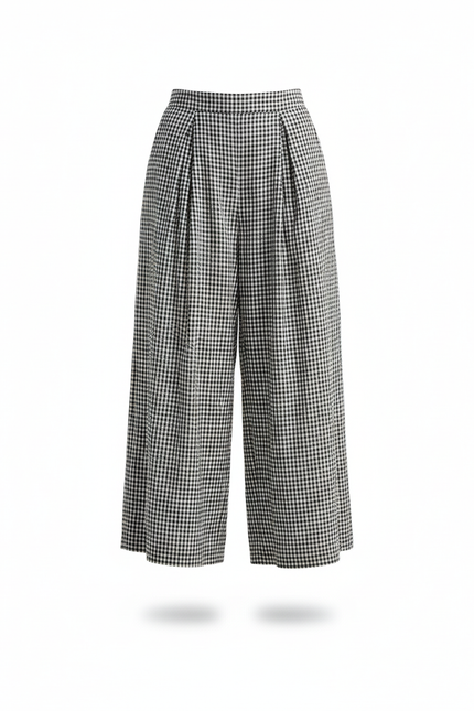 Pantalon En Lin Carreaux Ample Plissé Femme - Imprimé - vue 3