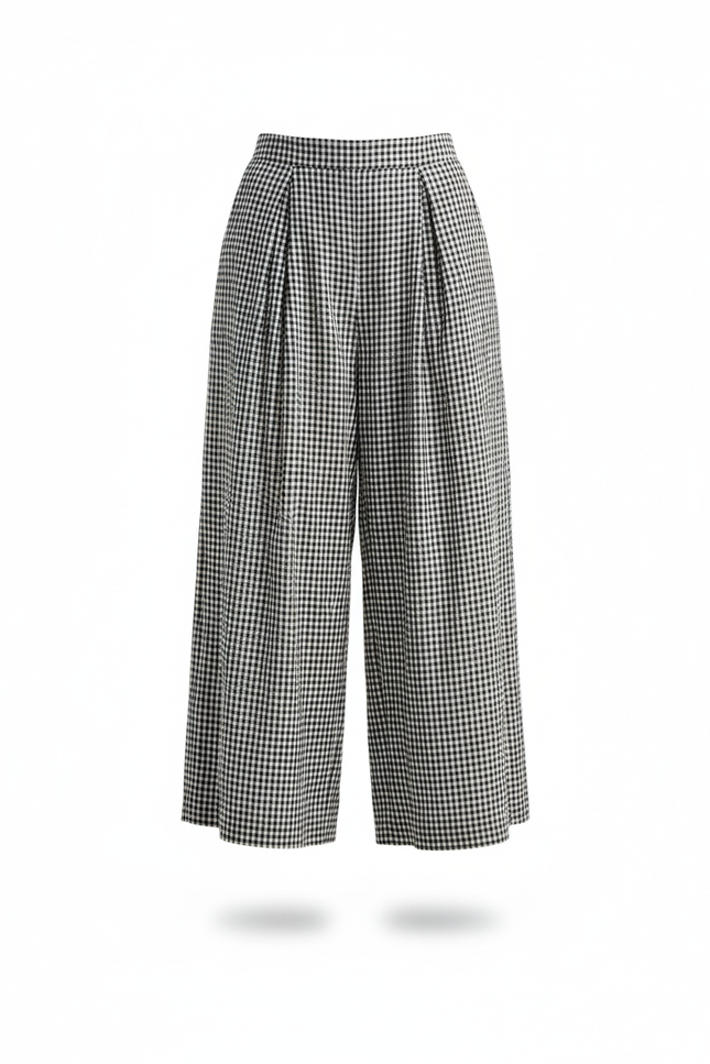 Pantalon En Lin Carreaux Ample Plissé Femme - Imprimé - vue 3