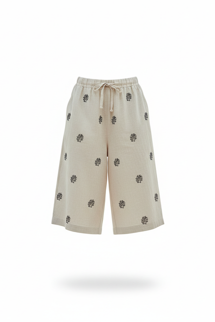 Pantalon En Lin Beige Brodé Ample Décontracté Court - vue 3
