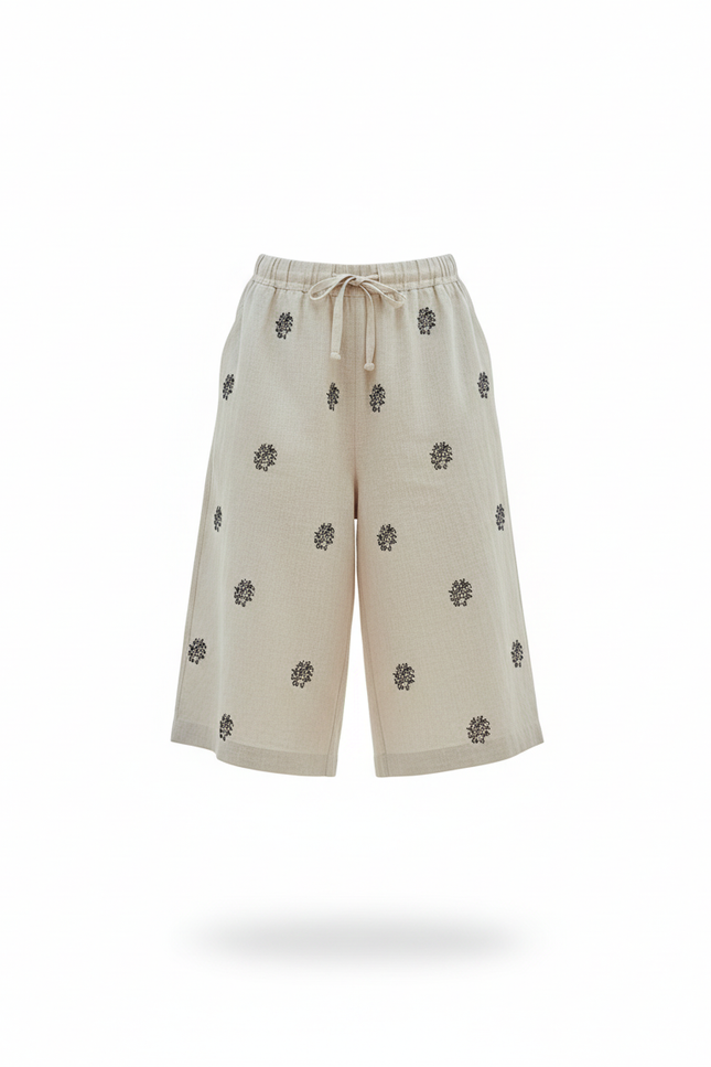 Pantalon En Lin Beige Brodé Ample Décontracté Court - vue 3