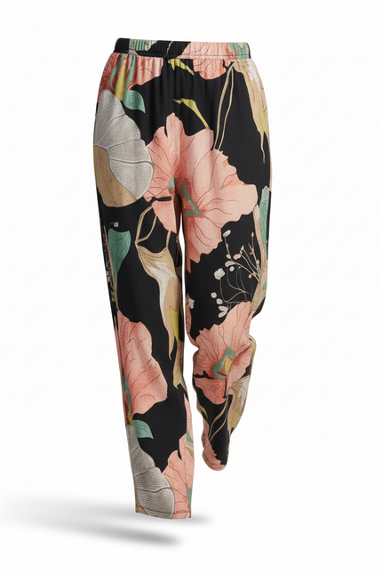 Pantalon En Lin Fleuri Noir Ample Fluide Estival - vue 3