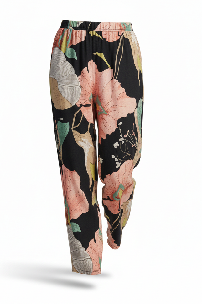 Pantalon En Lin Fleuri Noir Ample Fluide Estival - vue 3
