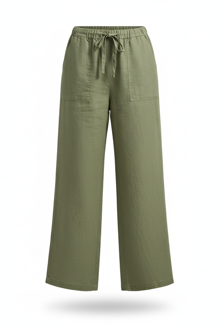 Pantalon En Lin Vert Ample Décontracté Taille Haute - Kaki - vue 3