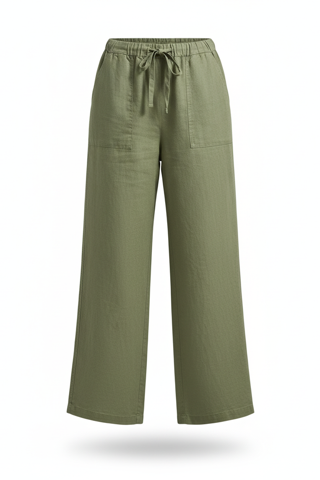 Pantalon En Lin Vert Ample Décontracté Taille Haute - Kaki - vue 3