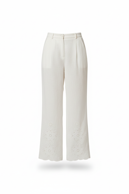 Pantalon En Lin Blanc Brodé Ample Élégant Femme - vue 3
