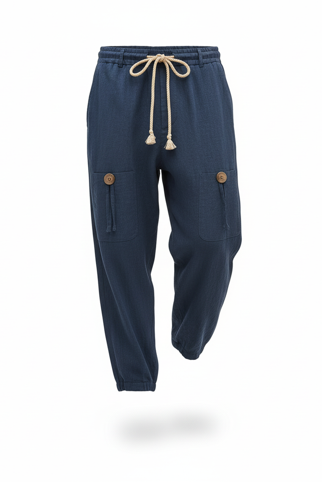 Pantalon En Lin Bleu Marine Ample Cordon Décontracté Homme - vue 3