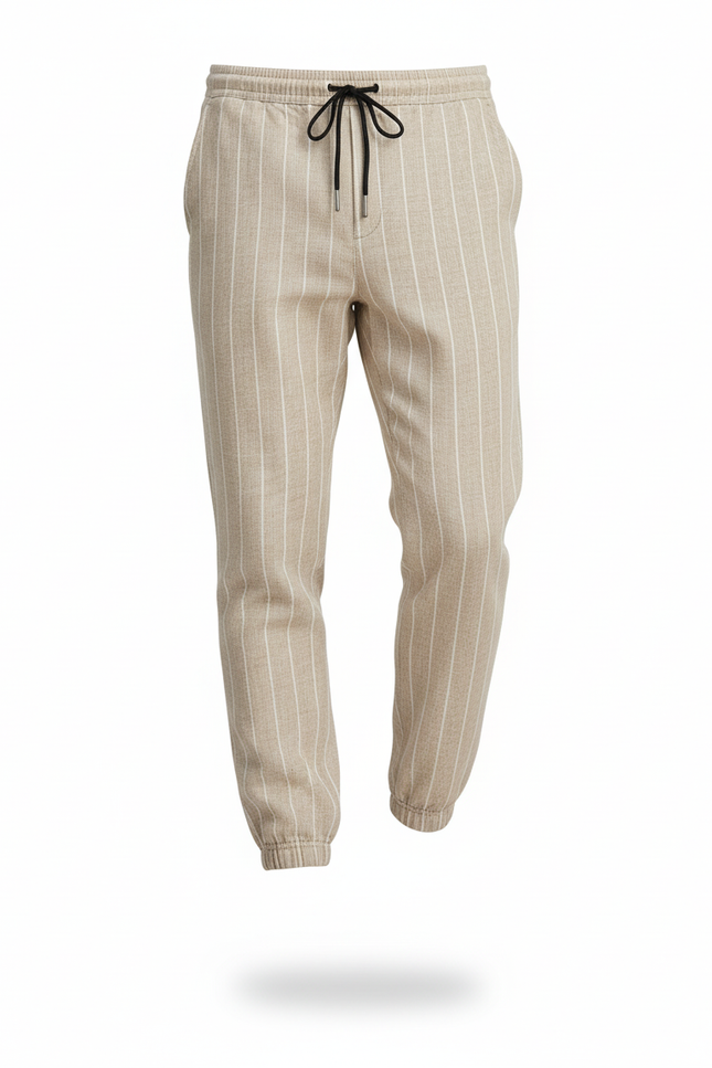Pantalon En Lin Rayé Beige Fuselé Décontracté Homme - vue 3