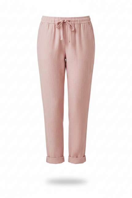 Pantalon En Lin Rose Ample Cordon Décontracté - vue 3