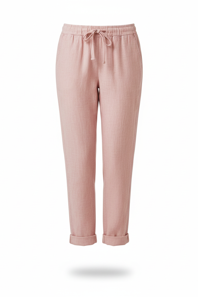 Pantalon En Lin Rose Ample Cordon Décontracté - vue 3