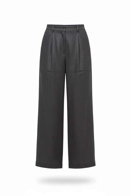 Pantalon En Lin Gris Anthracite Ample Plissé Fluide - vue 3