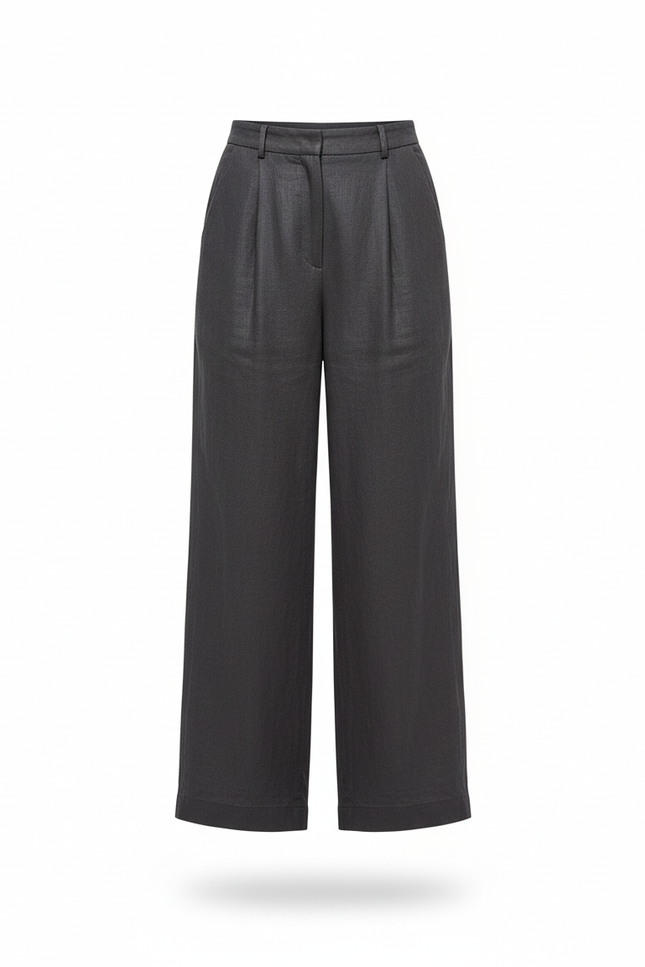 Pantalon En Lin Gris Anthracite Ample Plissé Fluide - vue 3