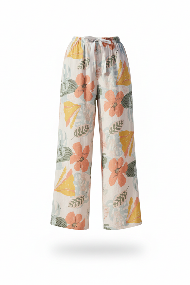 Pantalon En Lin Fleuri Ample Fluide Estival Blanc - vue 3