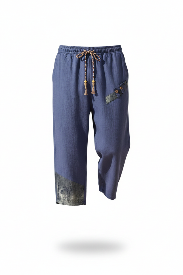 Pantalon En Lin Harem Bleu Marine Patchwork Décontracté - vue 3