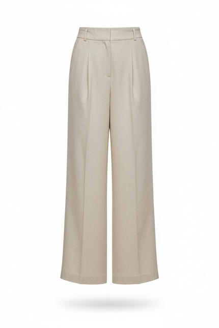 Pantalon En Lin Beige Ample Plissé Taille Haute Élégant - vue 3
