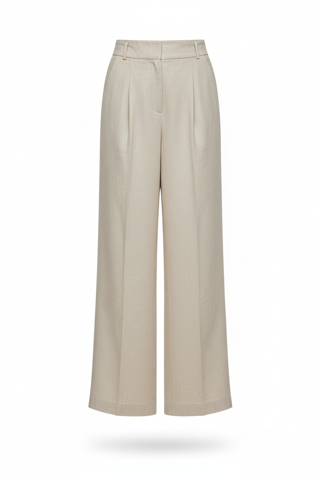 Pantalon En Lin Beige Ample Plissé Taille Haute Élégant - vue 3
