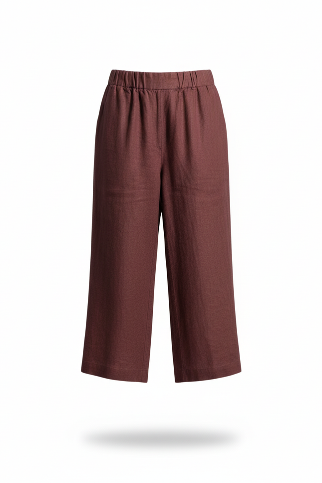Pantalon En Lin Ample Fluide Taille Élastique Marron Femme - Bordeaux - vue 3