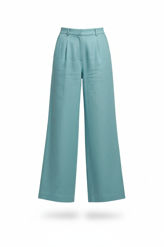 Pantalon En Lin Large Bleu Taille Haute Casual - vue 3