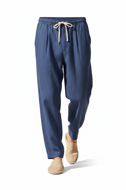 Pantalon En Lin Bleu Ample Décontracté Homme Cordon - vue 3