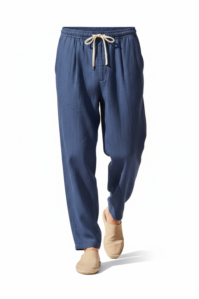 Pantalon En Lin Bleu Ample Décontracté Homme Cordon - vue 3