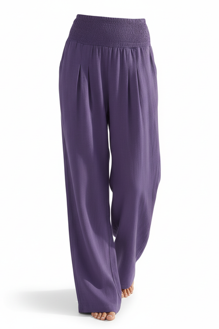 Pantalon En Lin Violet Ample Fluide Smocké Femme - vue 3