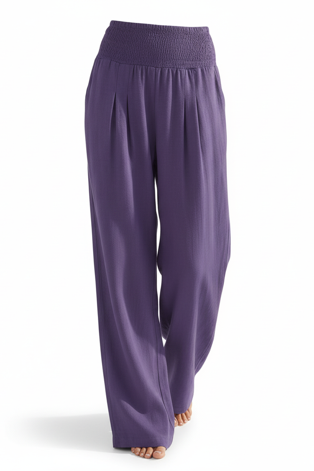Pantalon En Lin Violet Ample Fluide Smocké Femme - vue 3