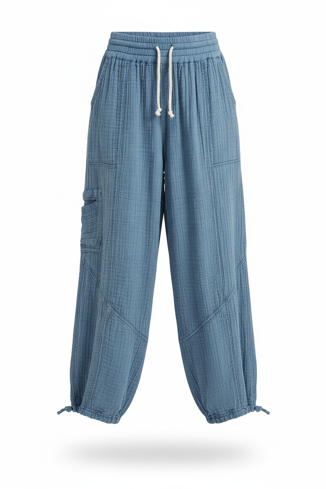 Pantalon En Lin Ample Bleu Sarouel Décontracté Cargo - vue 3
