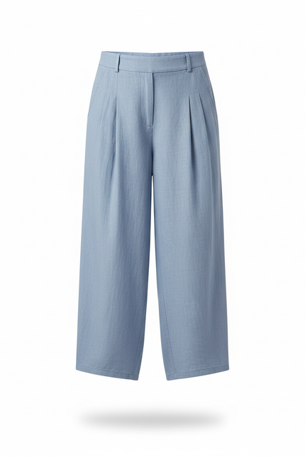 Pantalon En Lin Bleu Ample Plissé Décontracté - vue 3