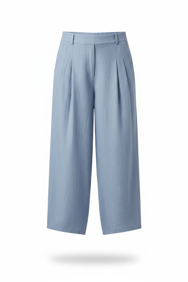 Pantalon En Lin Bleu Ample Plissé Décontracté - vue 3