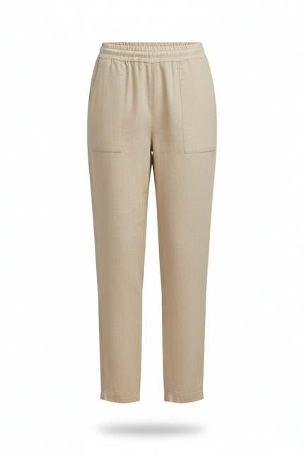 Pantalon En Lin Beige Taille Élastiquée Décontracté Confortable Femme - vue 3