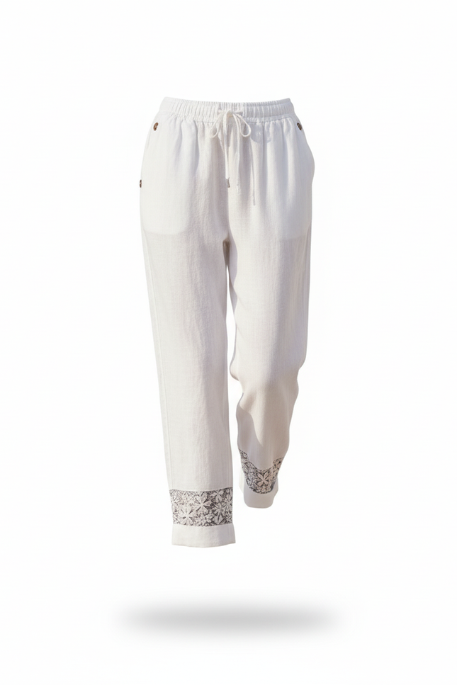Pantalon En Lin Blanc Imprimé Ample Décontracté Femme - vue 3