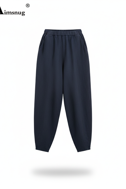 Pantalon En Lin Ample Bleu Marine Élastique Confortable - vue 3