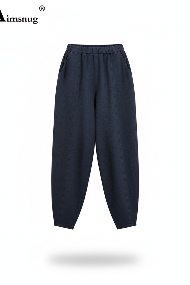 Pantalon En Lin Ample Bleu Marine Élastique Confortable - vue 3
