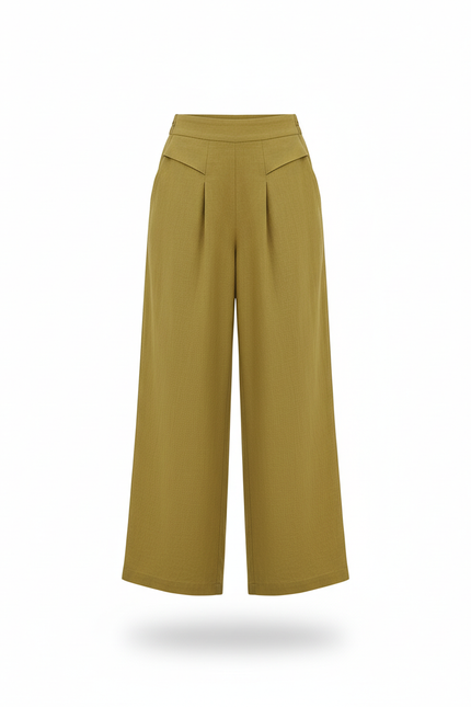 Pantalon En Lin Vert Ample Plissé Taille Haute - Kaki - vue 3
