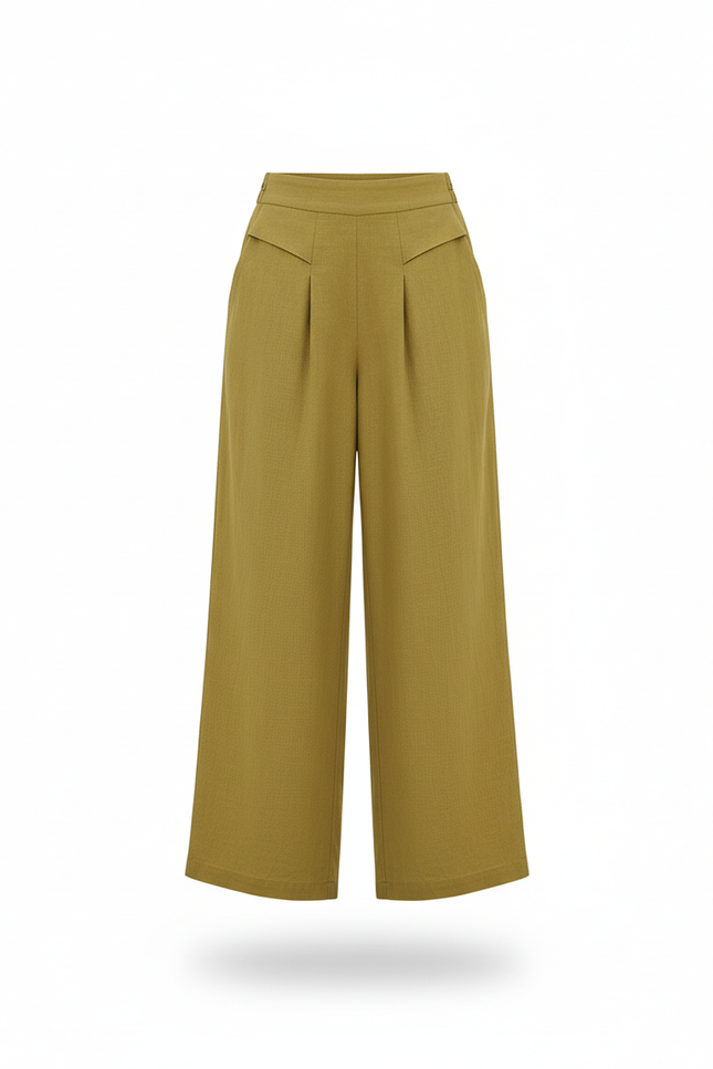 Pantalon En Lin Vert Ample Plissé Taille Haute - Kaki - vue 3