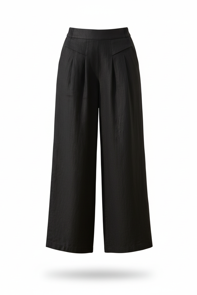 Pantalon En Lin Noir Ample Plissé Décontracté - vue 3