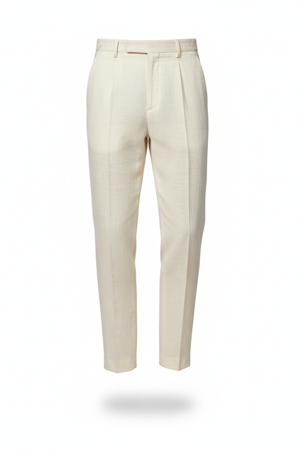 Pantalon En Lin Crème Plissé Droit Élégant Homme - Beige - vue 3
